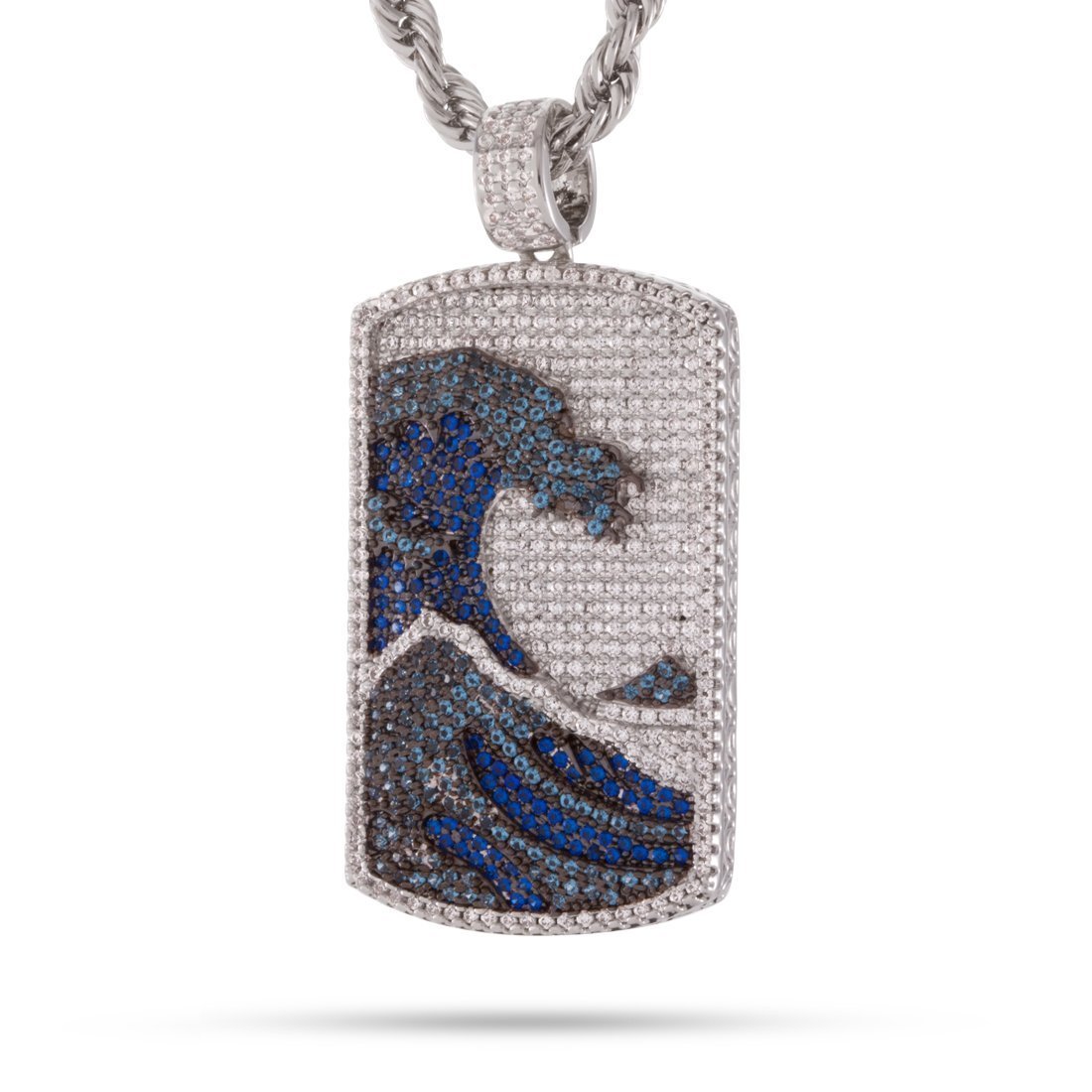 Great Wave Dog Tag Necklace  in  White Gold / 2.1" by King Ice