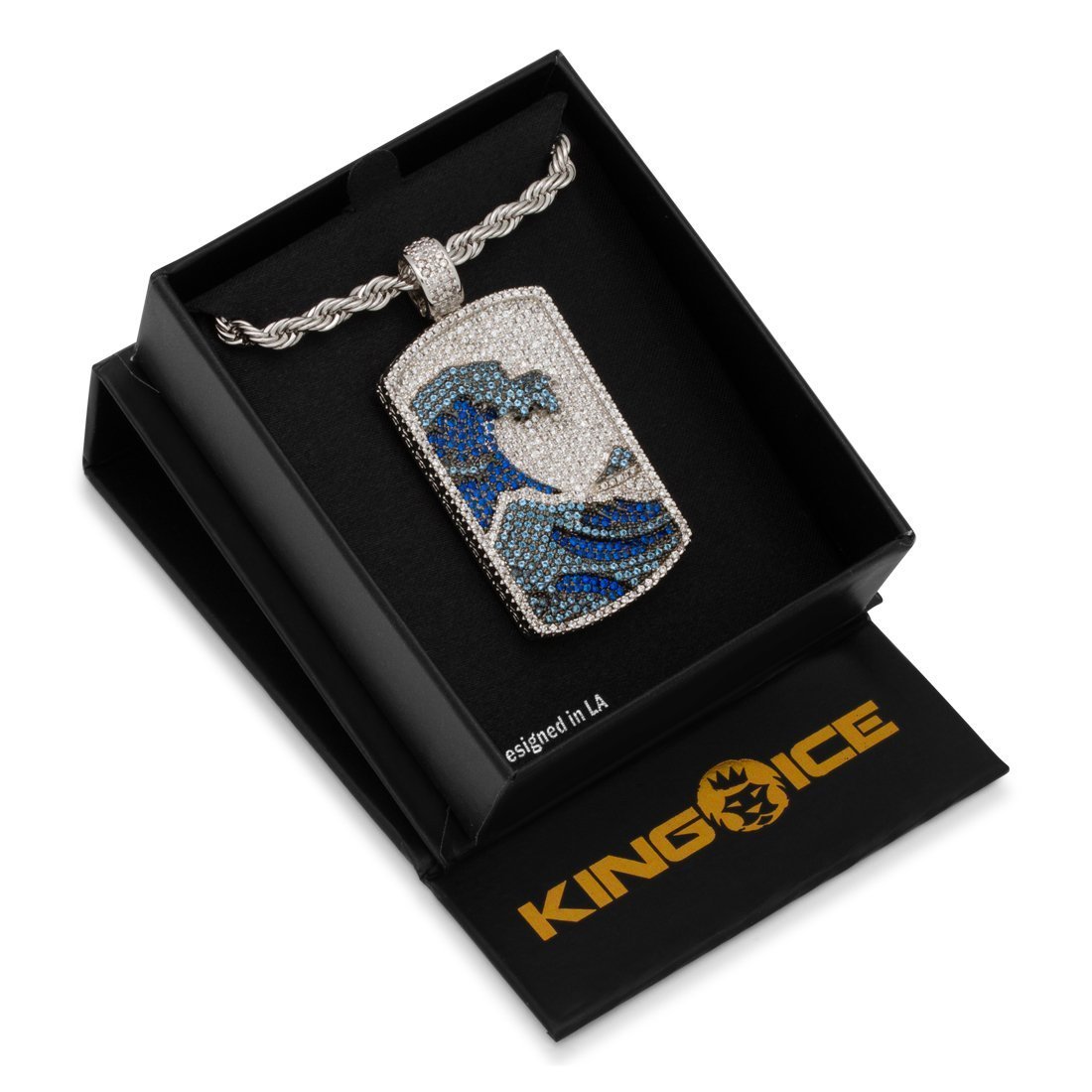 Great Wave Dog Tag Necklace  in  White Gold / 2.1" by King Ice