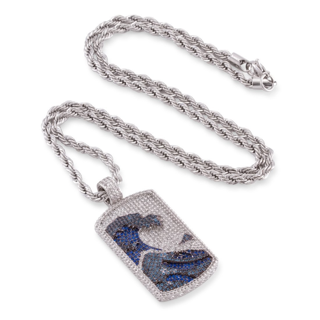 Great Wave Dog Tag Necklace  in  White Gold / 2.1" by King Ice