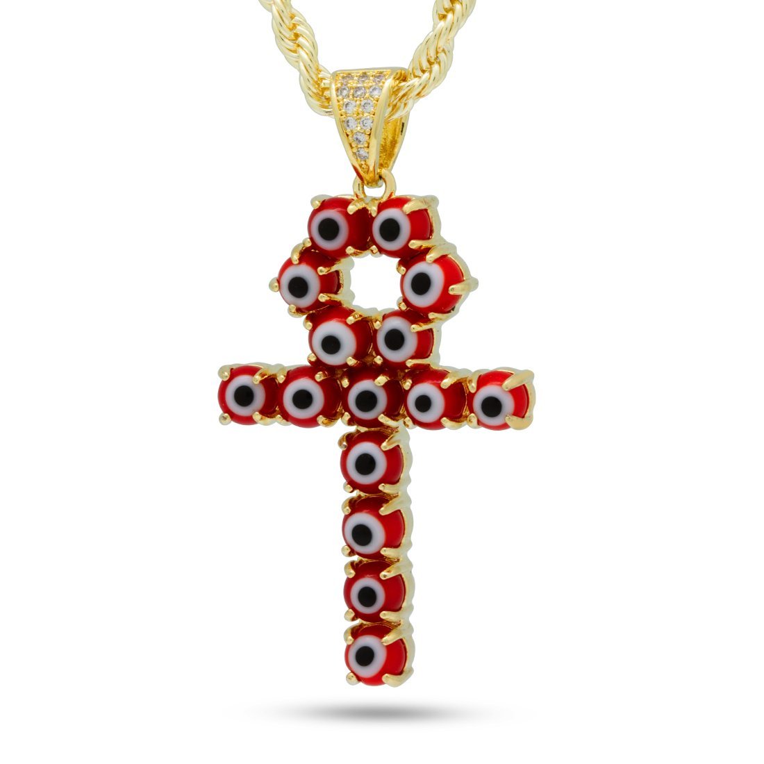Red Evil Eye Ankh Cross Necklace  in  14K Gold / M by King Ice